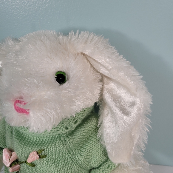 Dan Dee Collector's Choice White Easter Bunny Rabbit Green Sweater Pink Rose 12" - Picture 2 of 8